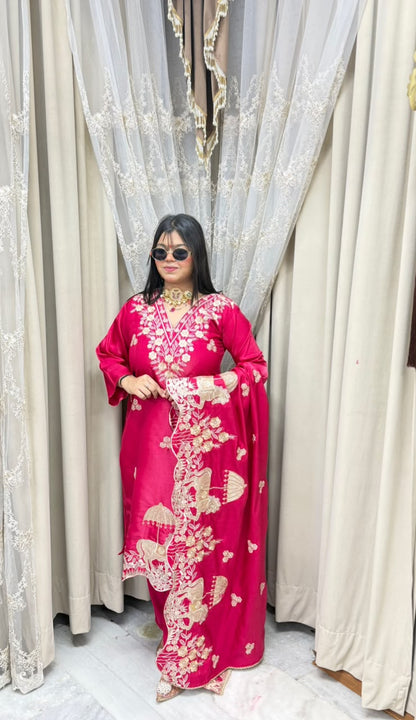 Designer Heavy Nazaqat Embroidered Glass Shimmer 3-Piece Suit Set with Scalloped Dupatta