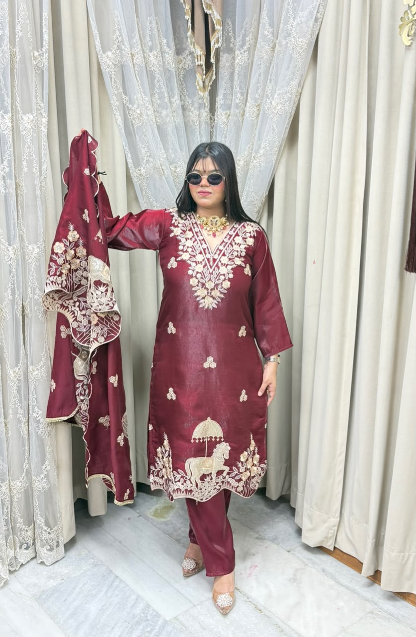 Designer Heavy Nazaqat Embroidered Glass Shimmer 3-Piece Suit Set with Scalloped Dupatta
