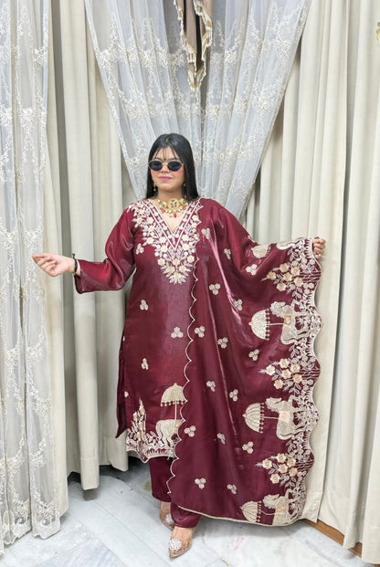 Designer Heavy Nazaqat Embroidered Glass Shimmer 3-Piece Suit Set with Scalloped Dupatta