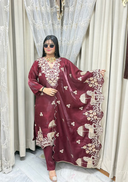 Designer Heavy Nazaqat Embroidered Glass Shimmer 3-Piece Suit Set with Scalloped Dupatta
