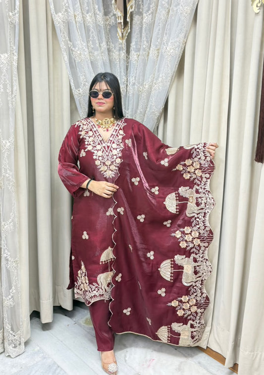 Designer Heavy Nazaqat Embroidered Glass Shimmer 3-Piece Suit Set with Scalloped Dupatta