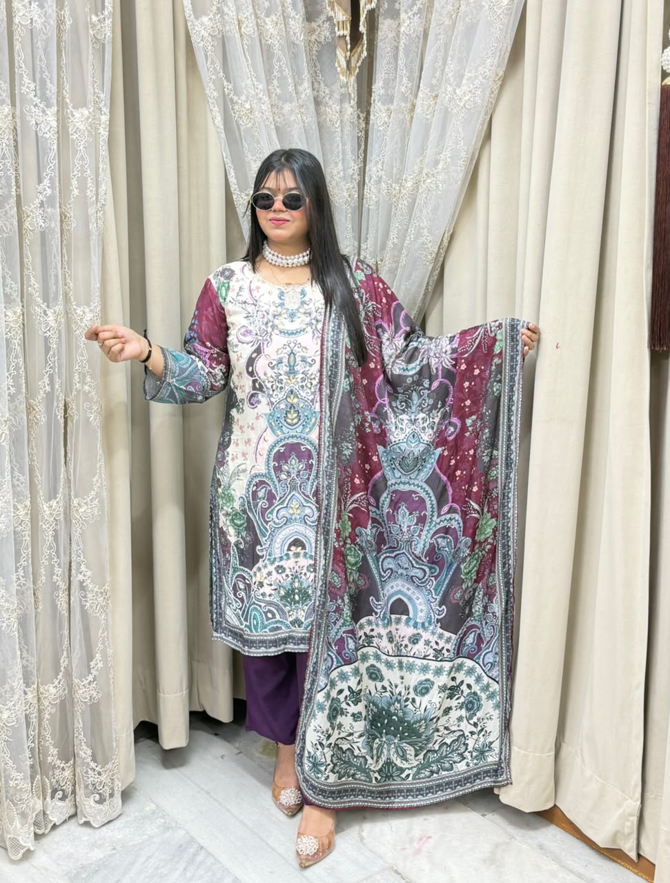 esigner Three-Piece Pakistani Suit with Pearl Work and Pure Muslin Fabric