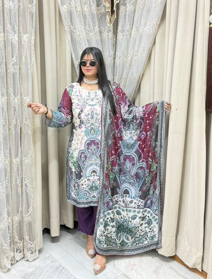 esigner Three-Piece Pakistani Suit with Pearl Work and Pure Muslin Fabric