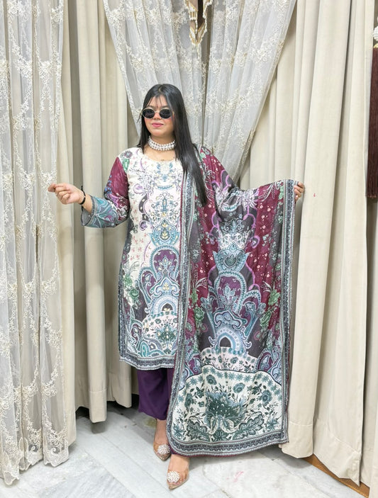 esigner Three-Piece Pakistani Suit with Pearl Work and Pure Muslin Fabric