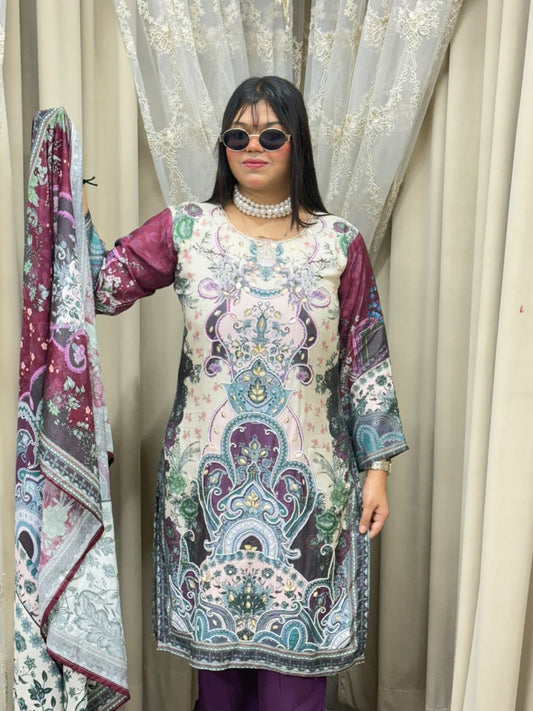 esigner Three-Piece Pakistani Suit with Pearl Work and Pure Muslin Fabric