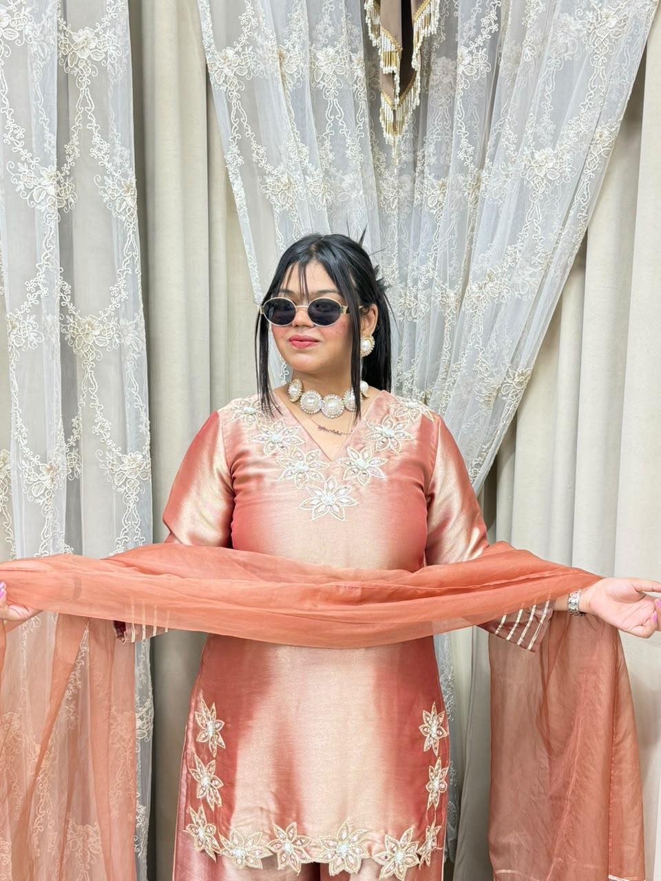 Designer Heavy Pure Ziraff Three-Piece Suit Set with Cotton Lining & Matching Dupatta