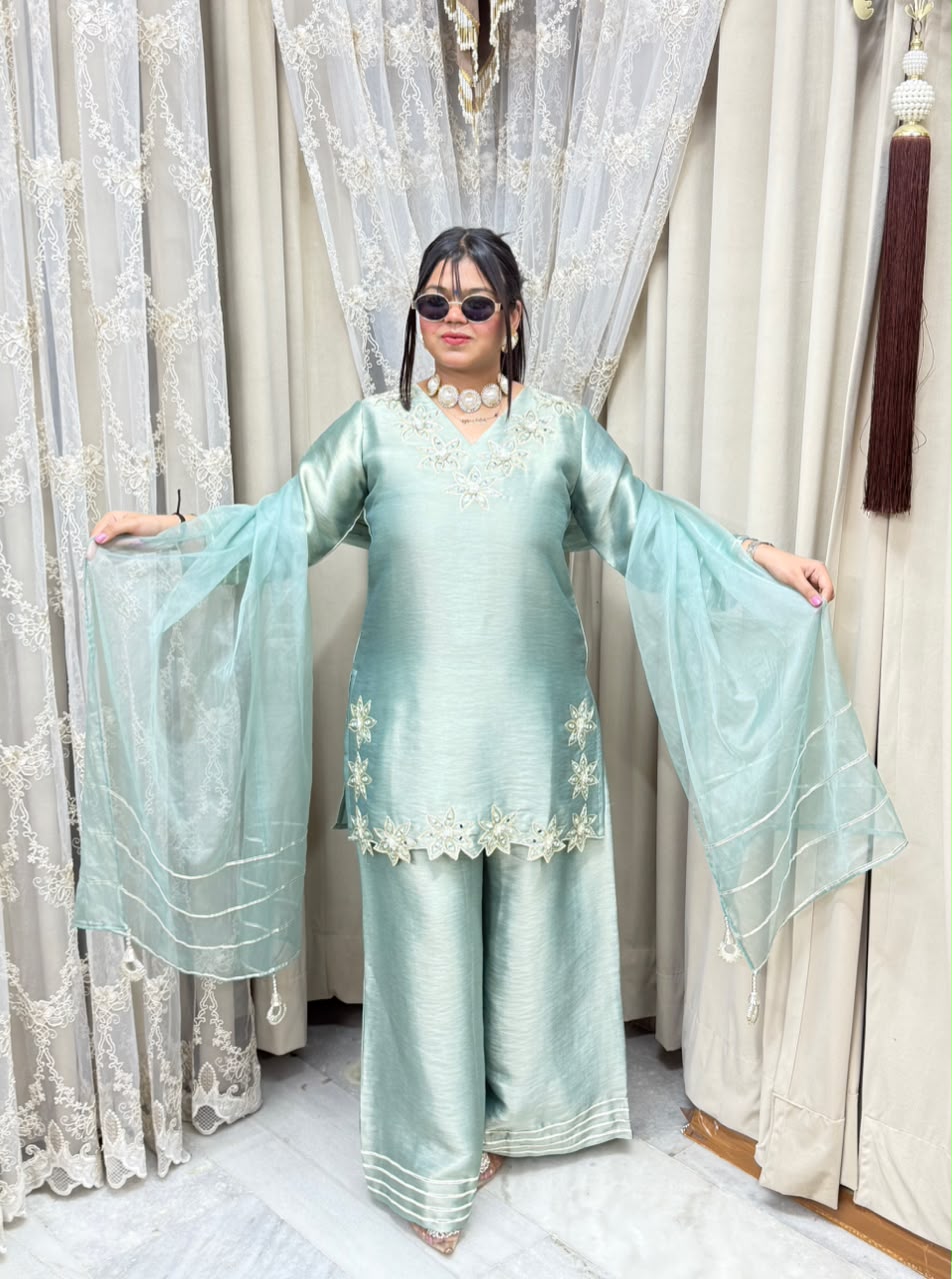 Designer Heavy Pure Ziraff Three-Piece Suit Set with Cotton Lining & Matching Dupatta