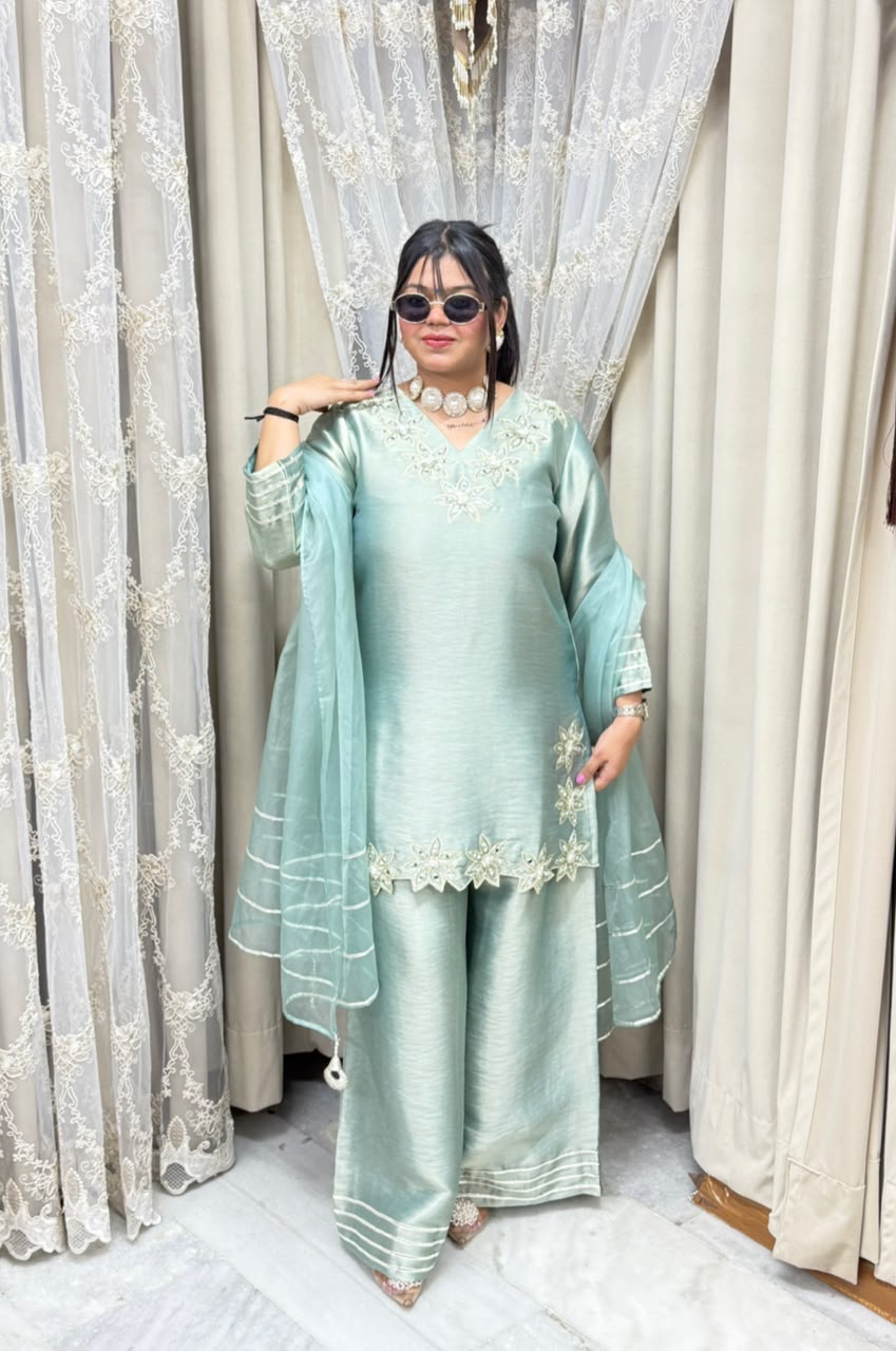 Designer Heavy Pure Ziraff Three-Piece Suit Set with Cotton Lining & Matching Dupatta