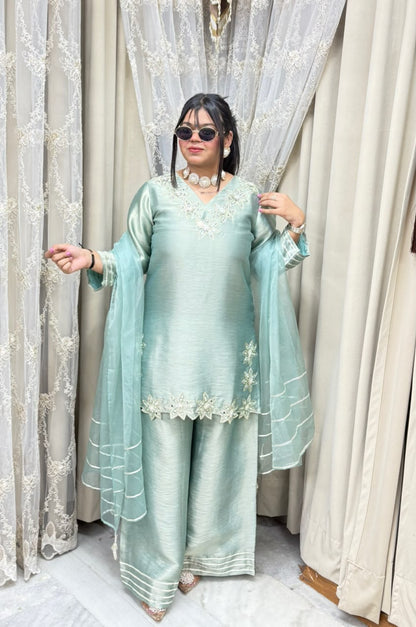 Designer Heavy Pure Ziraff Three-Piece Suit Set with Cotton Lining & Matching Dupatta