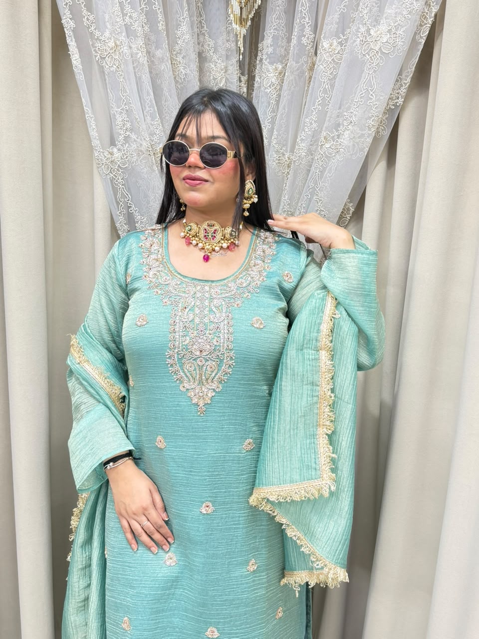 Designer Salsa Fabric Embroidered Suit Set