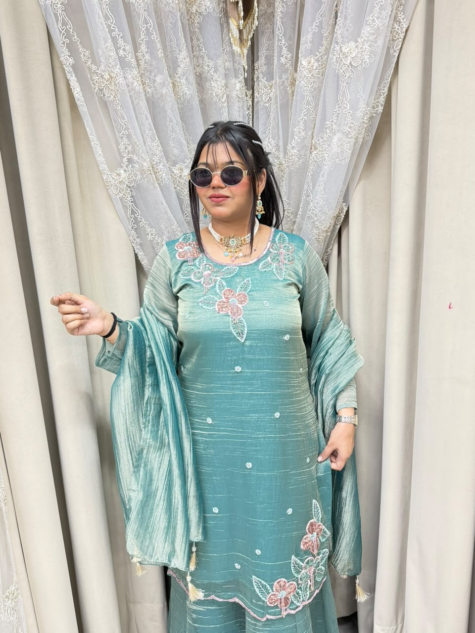 Designer Pure Salsa Fabric Sharara Suit Set