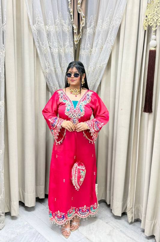 Designer Kashmiri-Style Embroidered Pheran Kurta with Matching Handcrafted Potli Bag