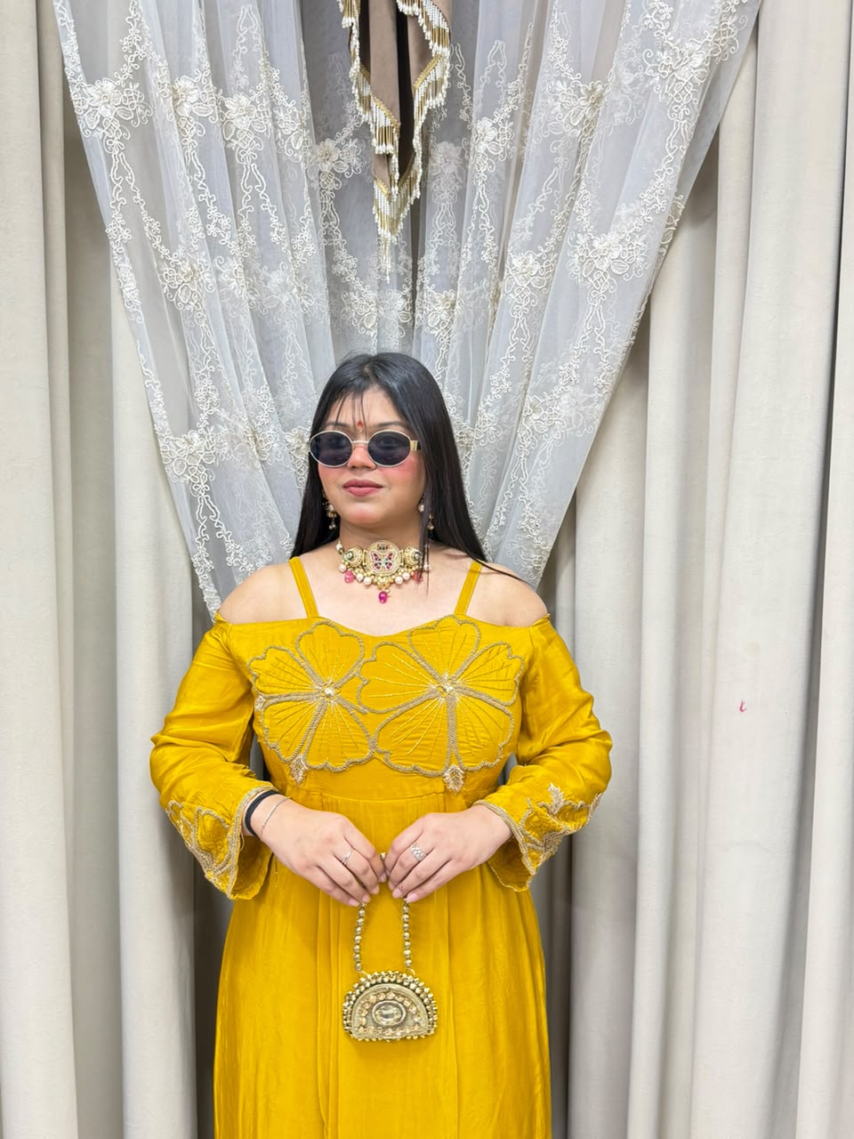 Floral Embroidered Cold-Shoulder Pure Crepe Long Dress