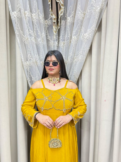 Floral Embroidered Cold-Shoulder Pure Crepe Long Dress