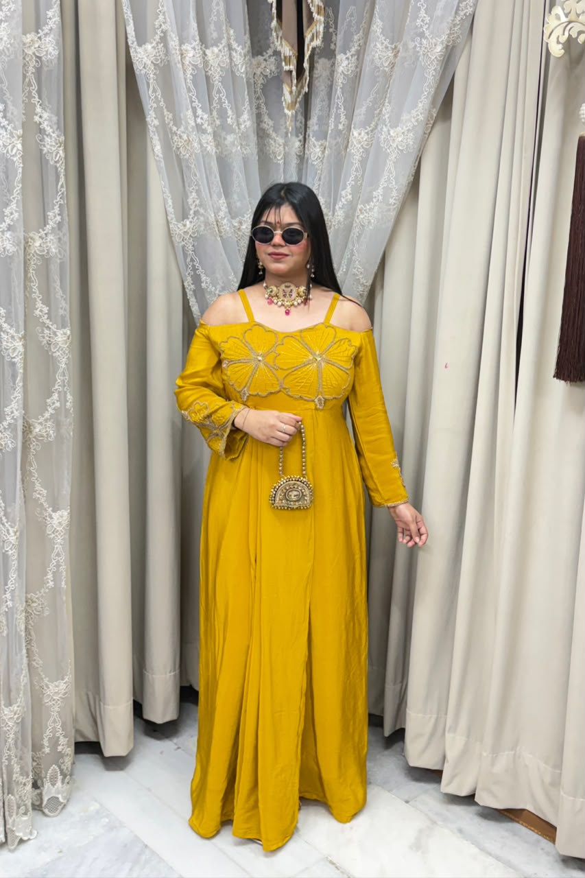 Floral Embroidered Cold-Shoulder Pure Crepe Long Dress