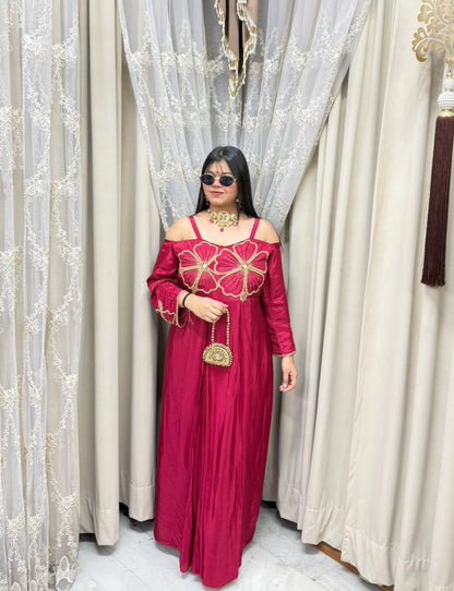 Floral Embroidered Cold-Shoulder Pure Crepe Long Dress