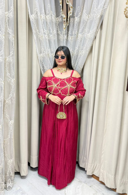 Floral Embroidered Cold-Shoulder Pure Crepe Long Dress