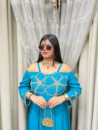 Floral Embroidered Cold-Shoulder Pure Crepe Long Dress