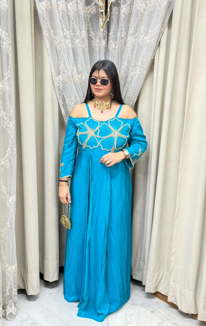 Floral Embroidered Cold-Shoulder Pure Crepe Long Dress