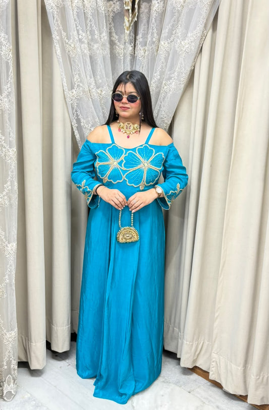 Floral Embroidered Cold-Shoulder Pure Crepe Long Dress