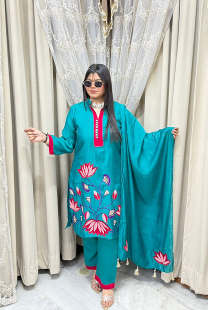 Lotus Floral Embroidered Mul Chanderi Kurta Set with Pants & Tasseled Dupatta