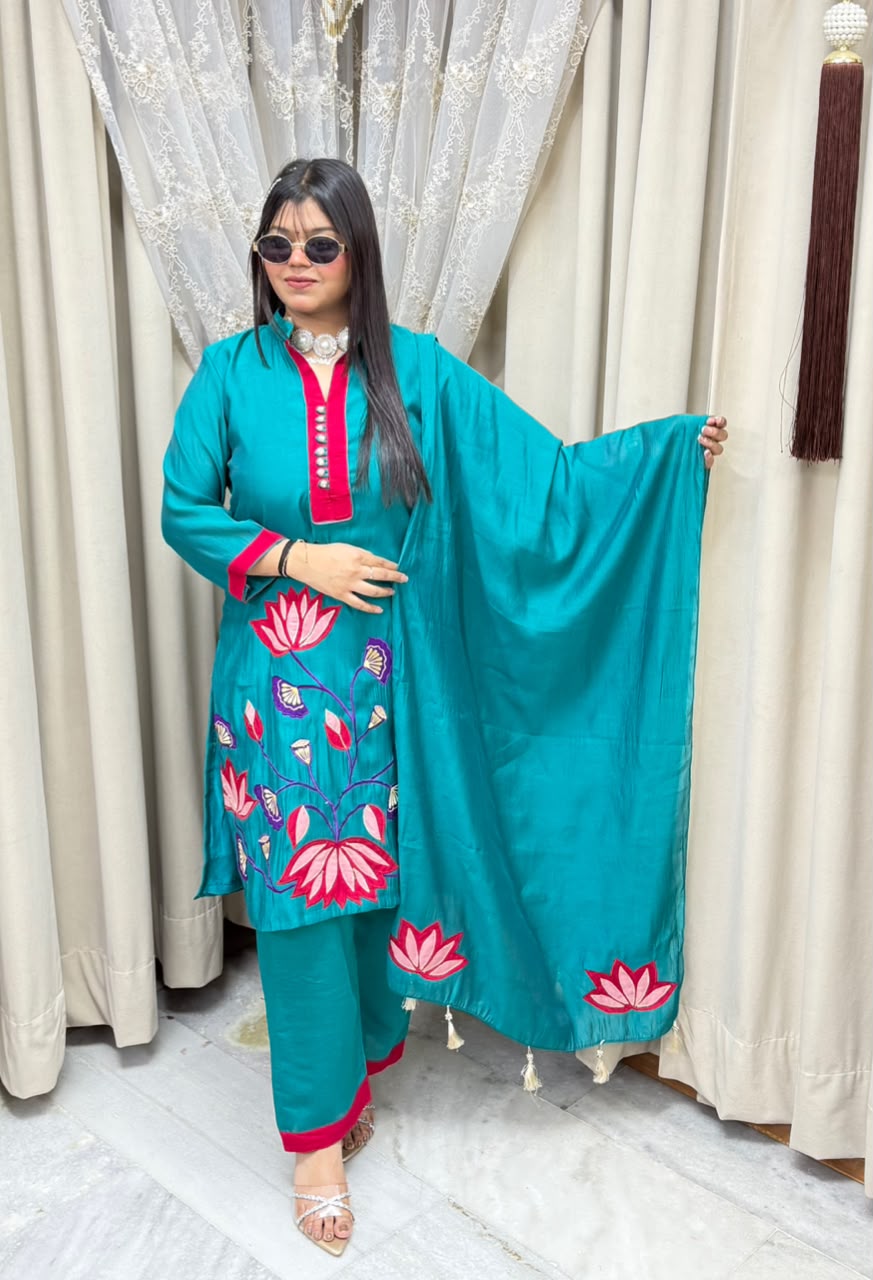 Lotus Floral Embroidered Mul Chanderi Kurta Set with Pants & Tasseled Dupatta