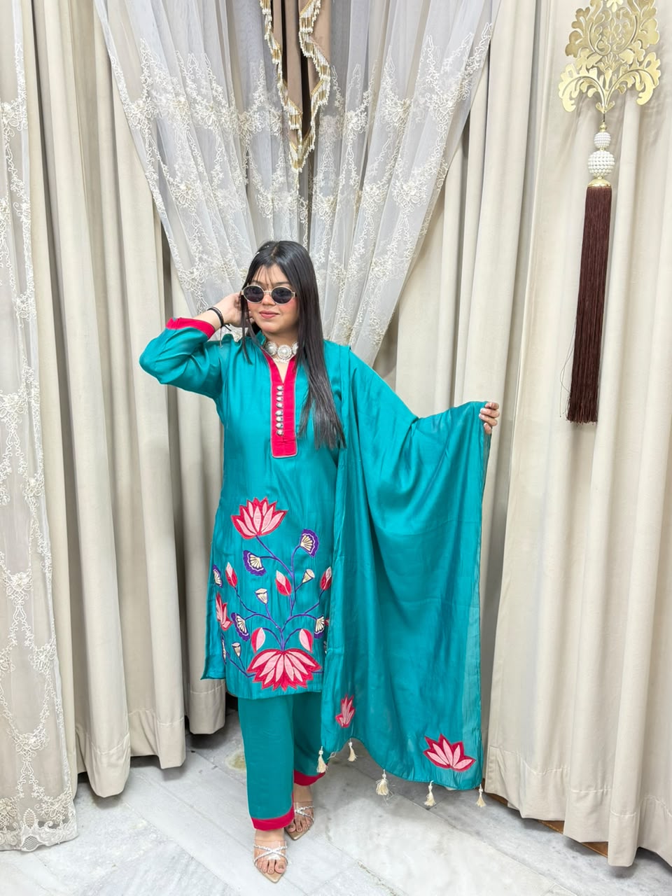 Lotus Floral Embroidered Mul Chanderi Kurta Set with Pants & Tasseled Dupatta