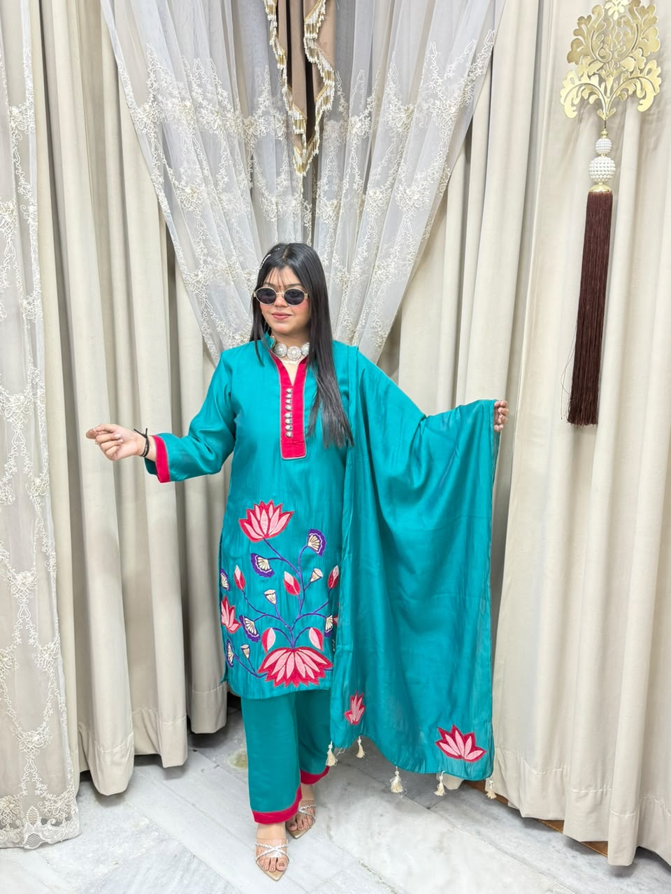 Lotus Floral Embroidered Mul Chanderi Kurta Set with Pants & Tasseled Dupatta