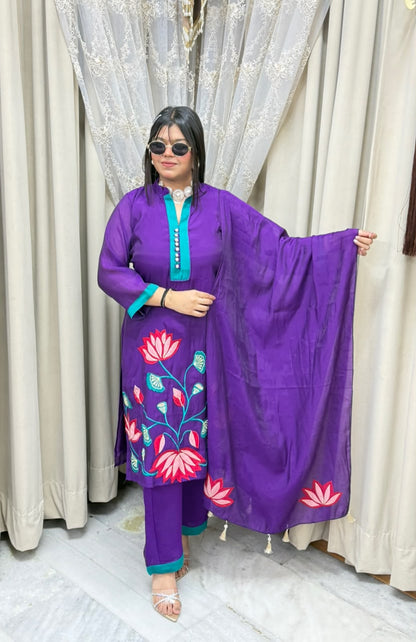 Lotus Floral Embroidered Mul Chanderi Kurta Set with Pants & Tasseled Dupatta