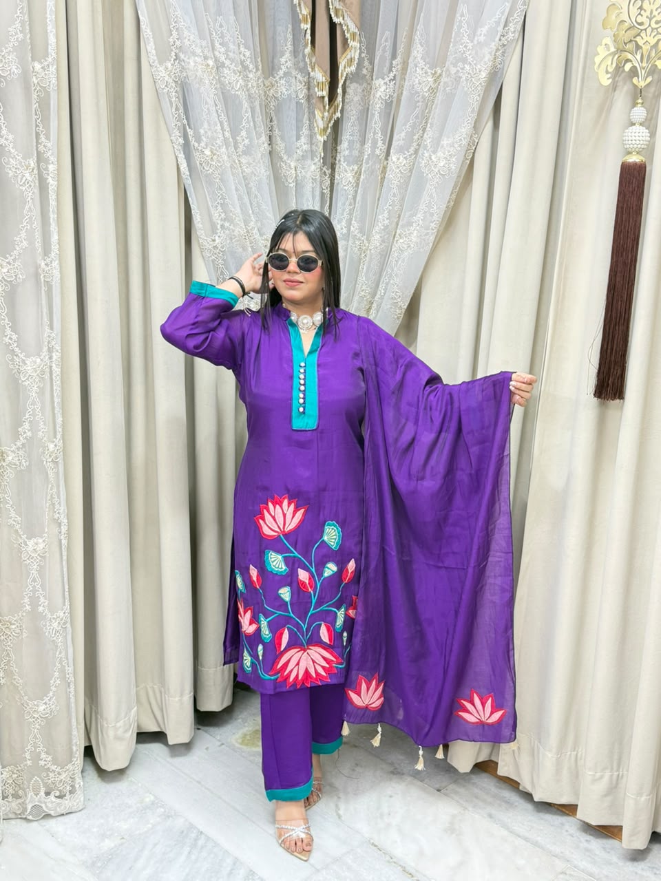 Lotus Floral Embroidered Mul Chanderi Kurta Set with Pants & Tasseled Dupatta