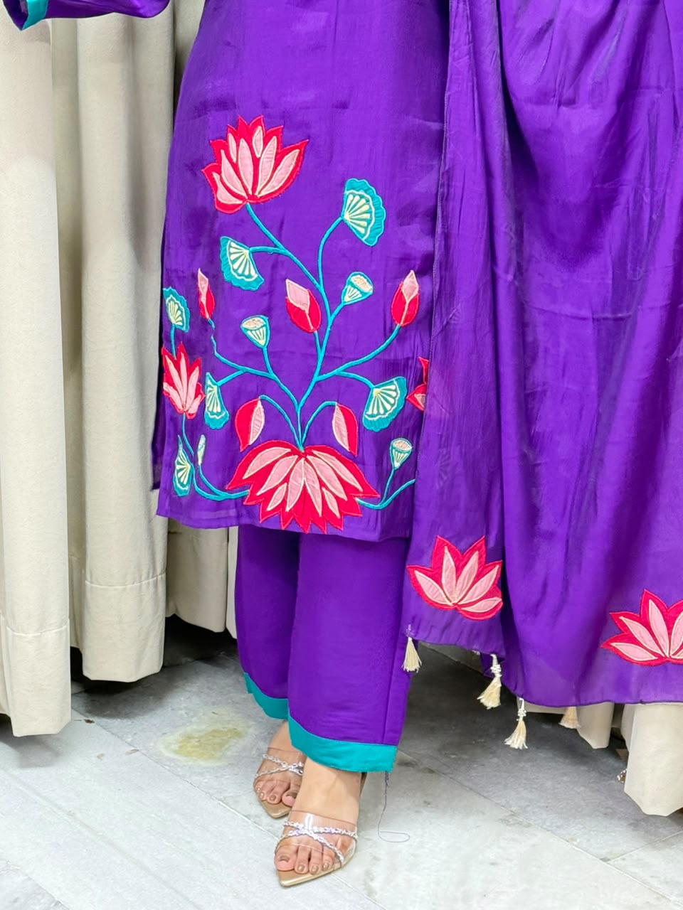 Lotus Floral Embroidered Mul Chanderi Kurta Set with Pants & Tasseled Dupatta