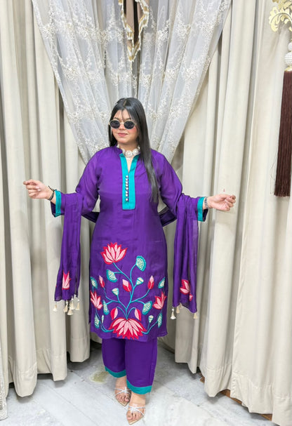 Lotus Floral Embroidered Mul Chanderi Kurta Set with Pants & Tasseled Dupatta