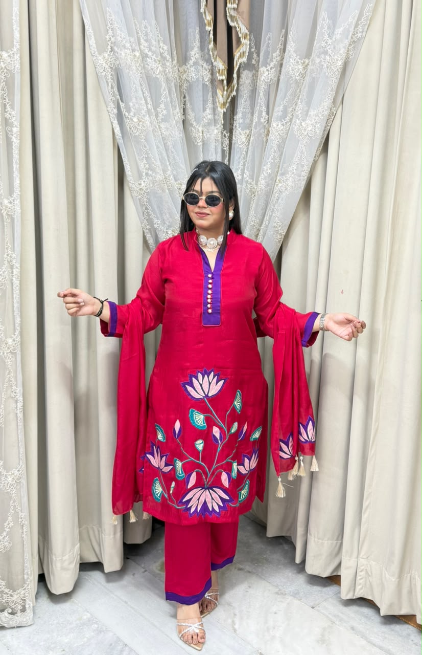 Lotus Floral Embroidered Mul Chanderi Kurta Set with Pants & Tasseled Dupatta