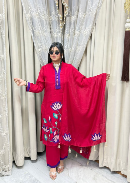 Lotus Floral Embroidered Mul Chanderi Kurta Set with Pants & Tasseled Dupatta