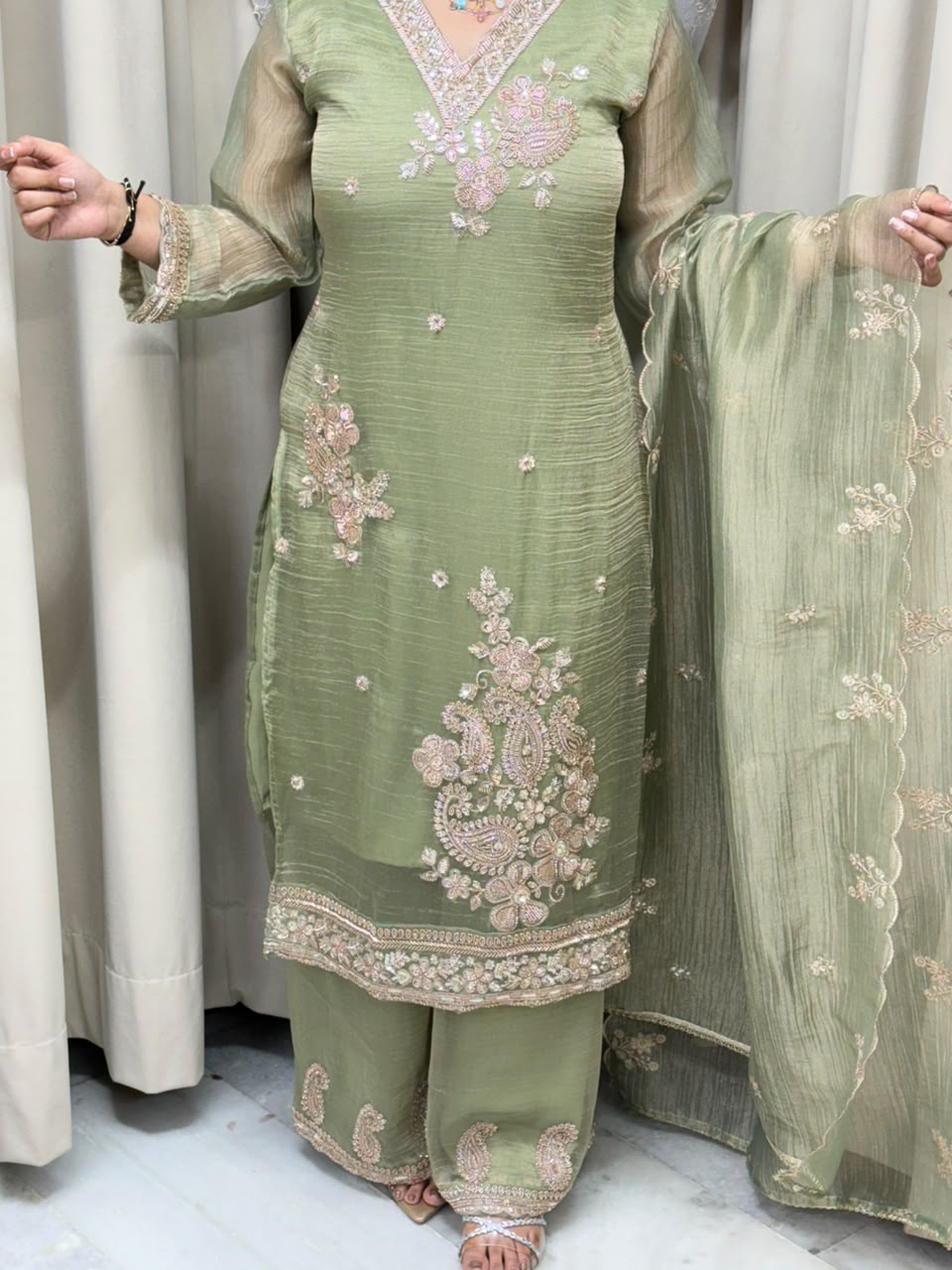Handcrafted Beads & Zari Embroidered Salsa Silk Kurta with Palazzo & Scalloped Dupatta Set