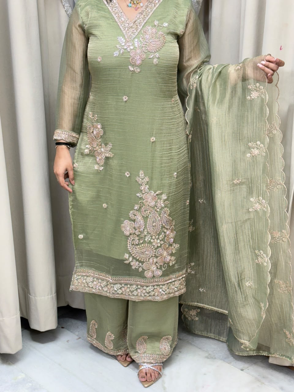 Handcrafted Beads & Zari Embroidered Salsa Silk Kurta with Palazzo & Scalloped Dupatta Set
