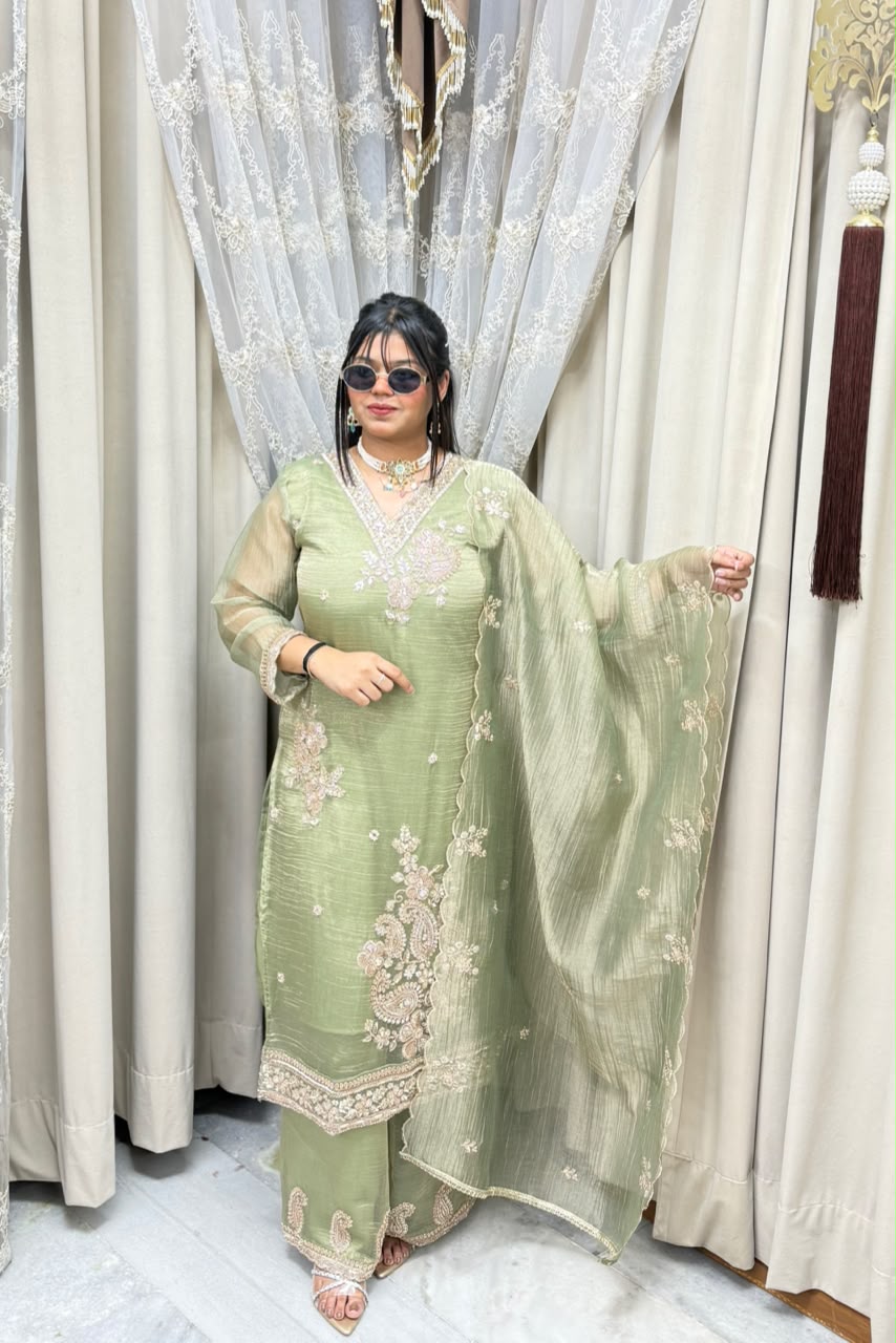 Handcrafted Beads & Zari Embroidered Salsa Silk Kurta with Palazzo & Scalloped Dupatta Set