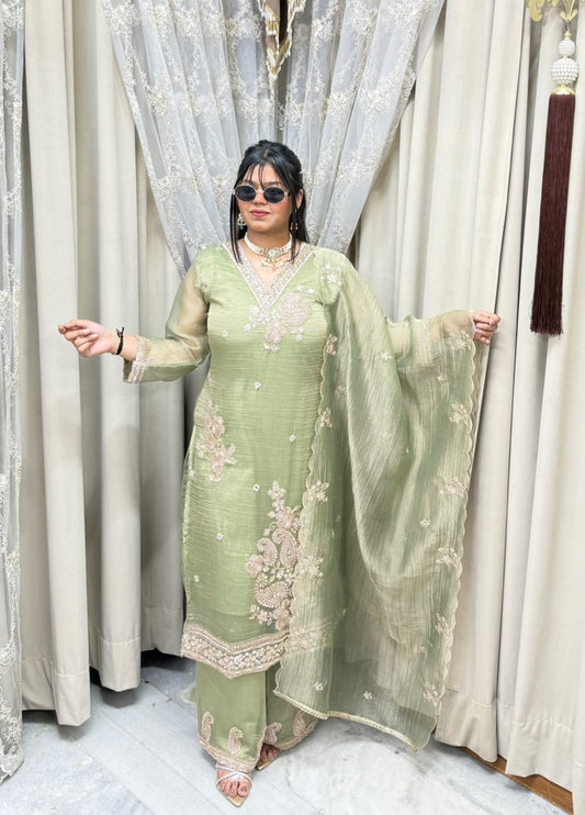 Handcrafted Beads & Zari Embroidered Salsa Silk Kurta with Palazzo & Scalloped Dupatta Set