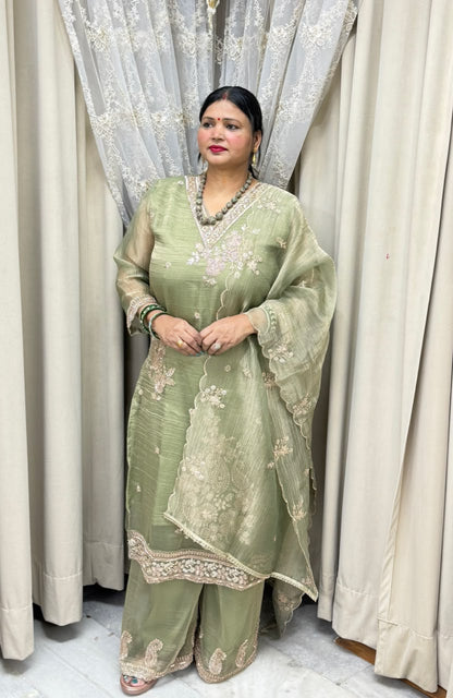 Handcrafted Beads & Zari Embroidered Salsa Silk Kurta with Palazzo & Scalloped Dupatta Set