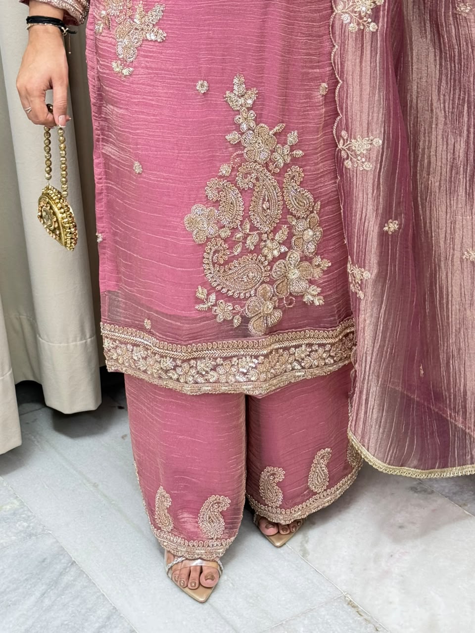 Handcrafted Beads & Zari Embroidered Salsa Silk Kurta with Palazzo & Scalloped Dupatta Set