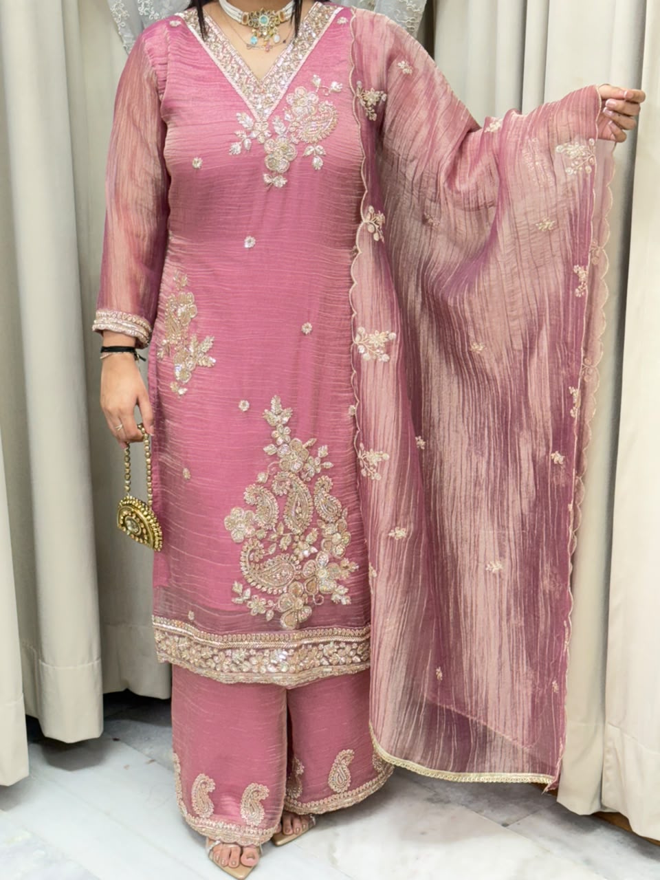 Handcrafted Beads & Zari Embroidered Salsa Silk Kurta with Palazzo & Scalloped Dupatta Set