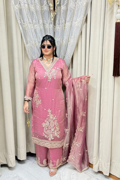 Handcrafted Beads & Zari Embroidered Salsa Silk Kurta with Palazzo & Scalloped Dupatta Set