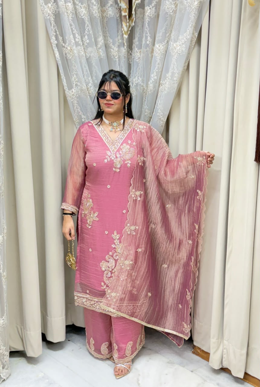 Handcrafted Beads & Zari Embroidered Salsa Silk Kurta with Palazzo & Scalloped Dupatta Set