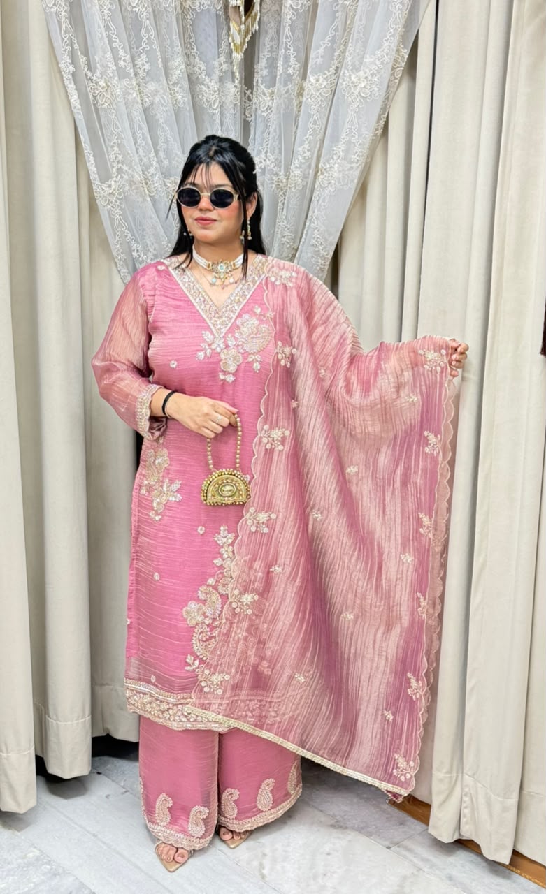 Handcrafted Beads & Zari Embroidered Salsa Silk Kurta with Palazzo & Scalloped Dupatta Set