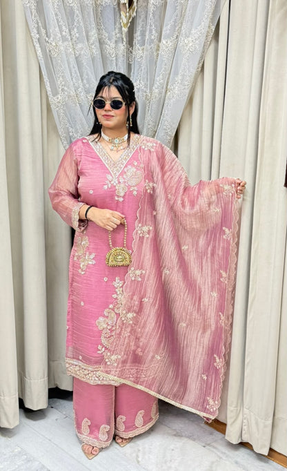 Handcrafted Beads & Zari Embroidered Salsa Silk Kurta with Palazzo & Scalloped Dupatta Set