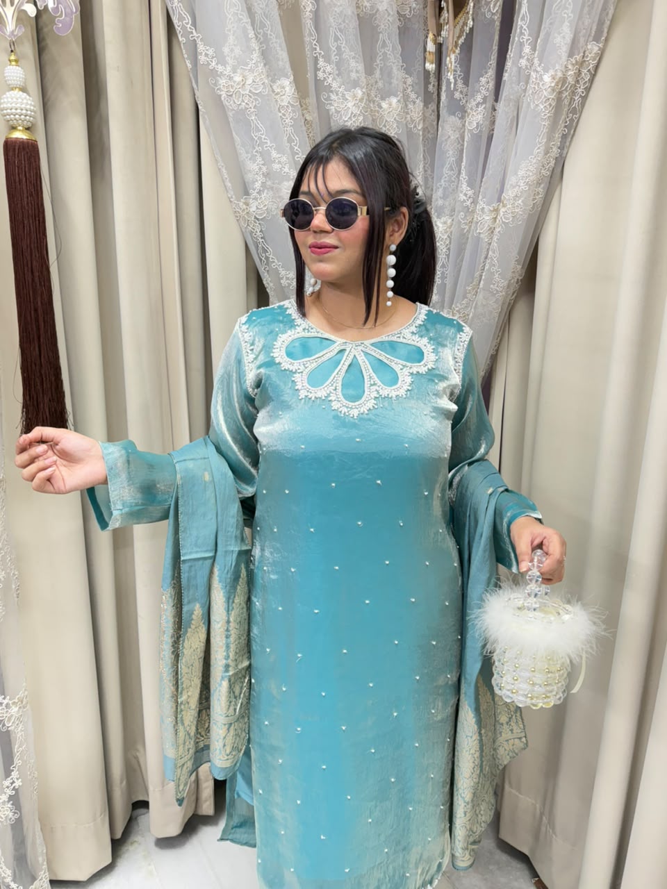 Designer Pearl Jimmy Choo Suit with Pearl Work Detailing for Women