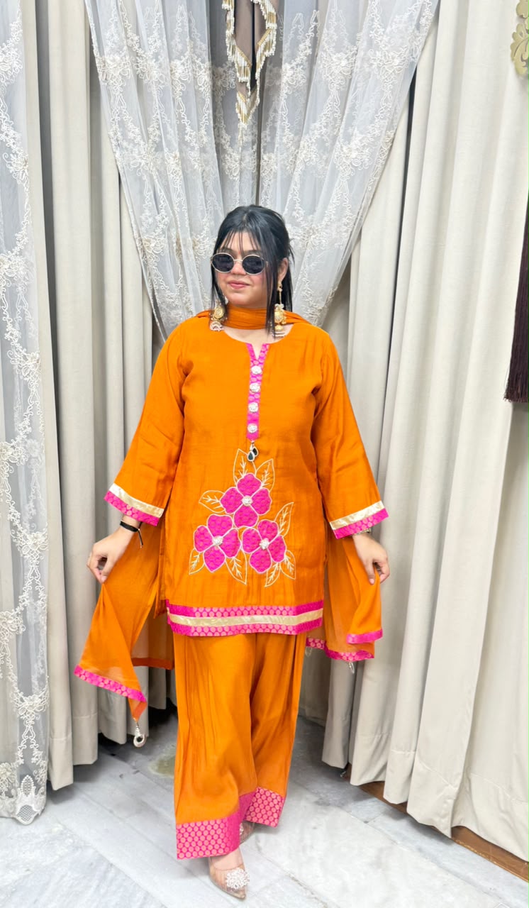 Designer ROSE Farshi Suit Set with Applique Embroidery