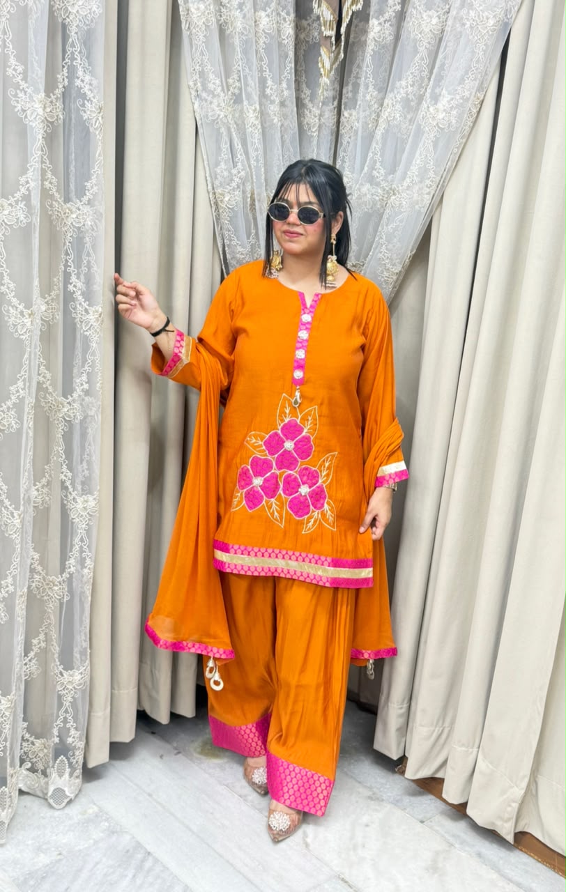 Designer ROSE Farshi Suit Set with Applique Embroidery