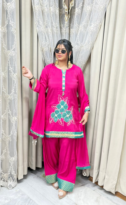Designer ROSE Farshi Suit Set with Applique Embroidery