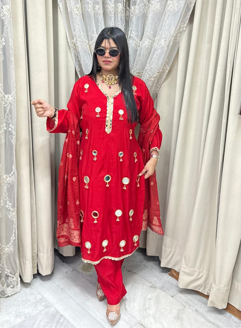 Designer Mirror Latkan Straight Three-Piece Suit Set